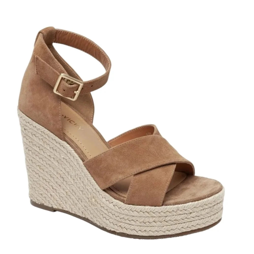 Lisa Vicky Espadrille Platform Wedge Suede Sandals Cognac Tan NIB Size 9.5